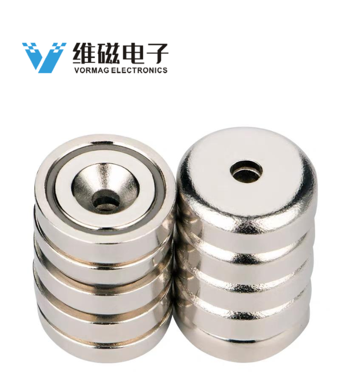 NEODYMIUM POT MAGNETS with countersunk hole, ROUND BASE