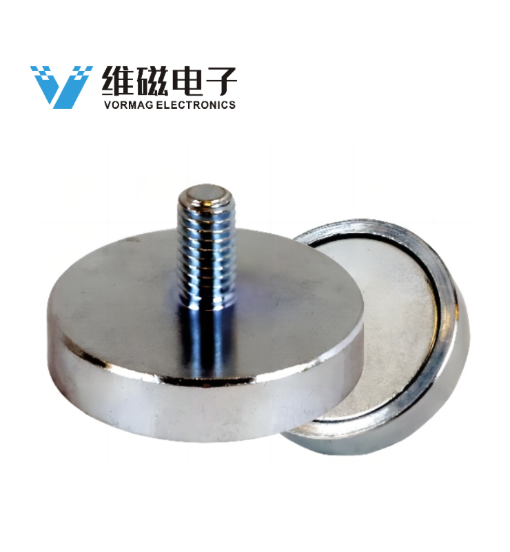 Flat Neodymium Pot Magnets with External Thread, Nickel Plating